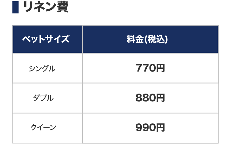 リネン費 | ベットサイズ 料金(税込) 一覧表 | シングル 770円 | ダブル 880円 | クイーン 990円